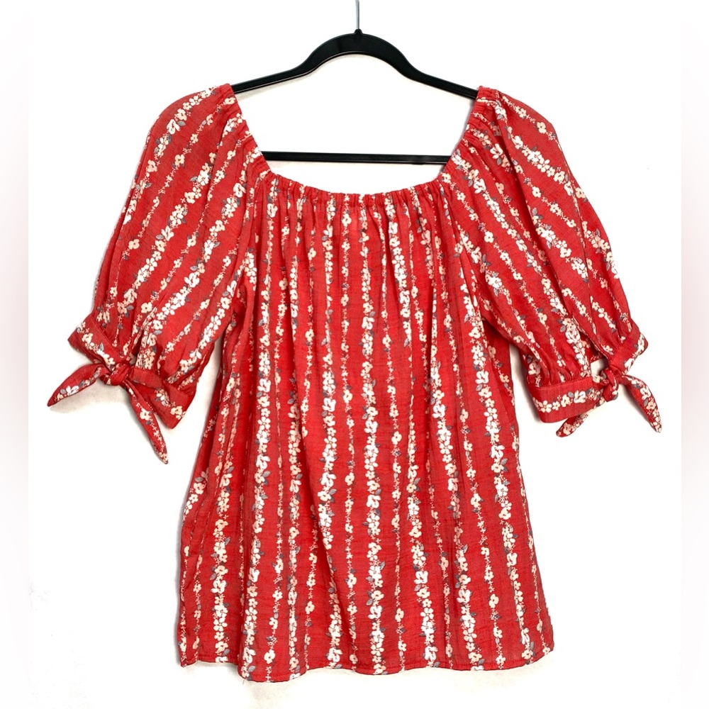 Lauren Conrad Red Floral Button-Up Short Sleeve Top/Blouse Tie Sleeve Size M - Picture 2 of 11